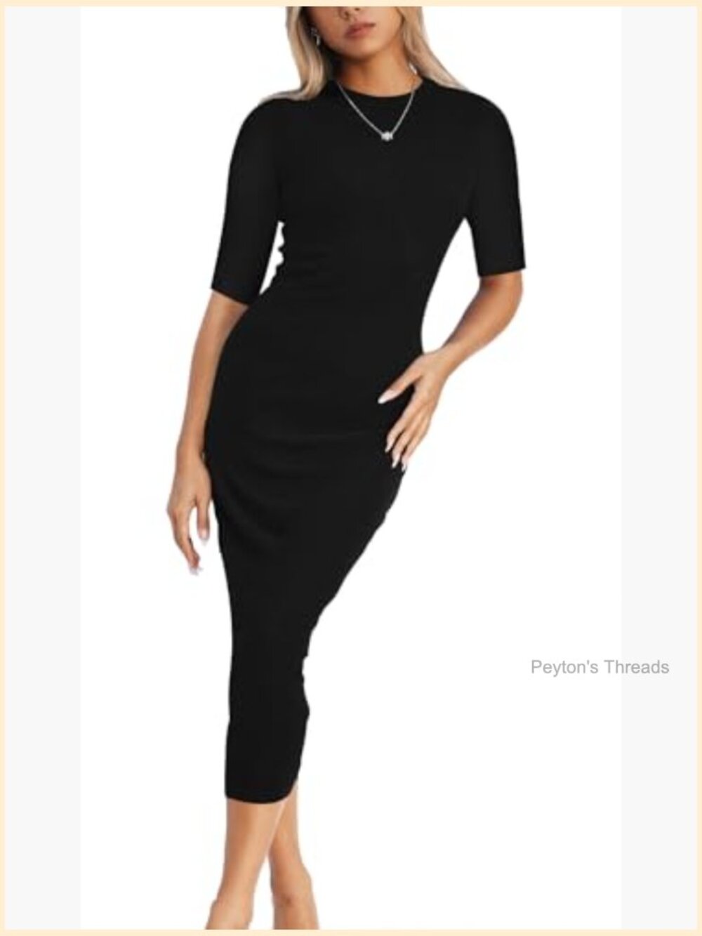 Women's Spring Midi Bodycon Dress 3/4 Long Sleeve Crewneck Ribbed Knit Fitted - Picture 3 of 4